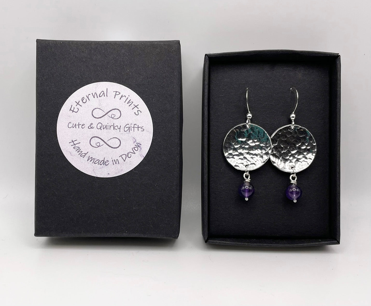 Hammered Disc Earrings with Purple Beads