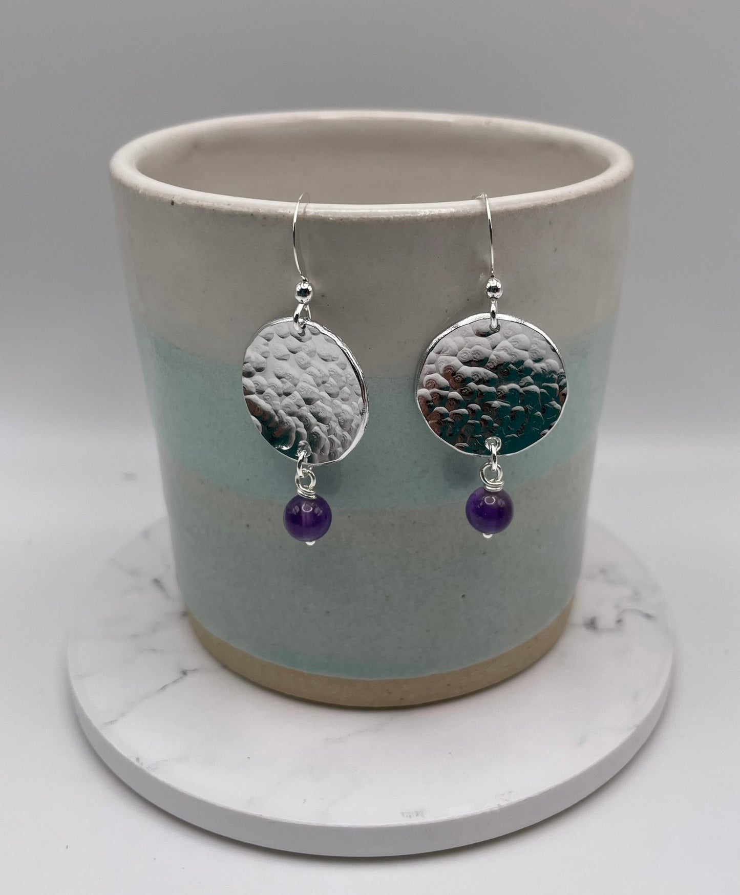 Hammered Disc Earrings with Purple Beads