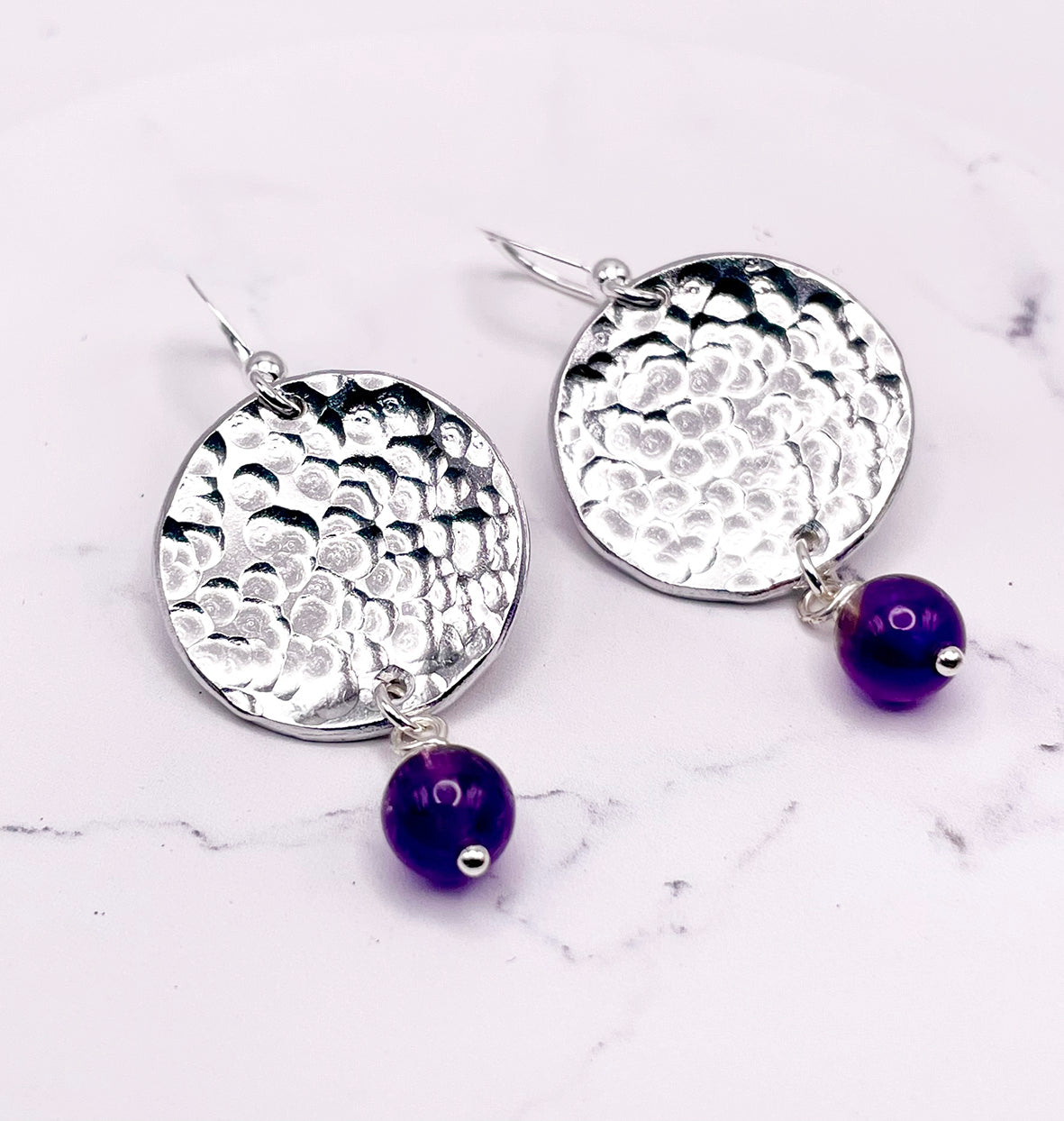 Hammered Disc Earrings with Purple Beads