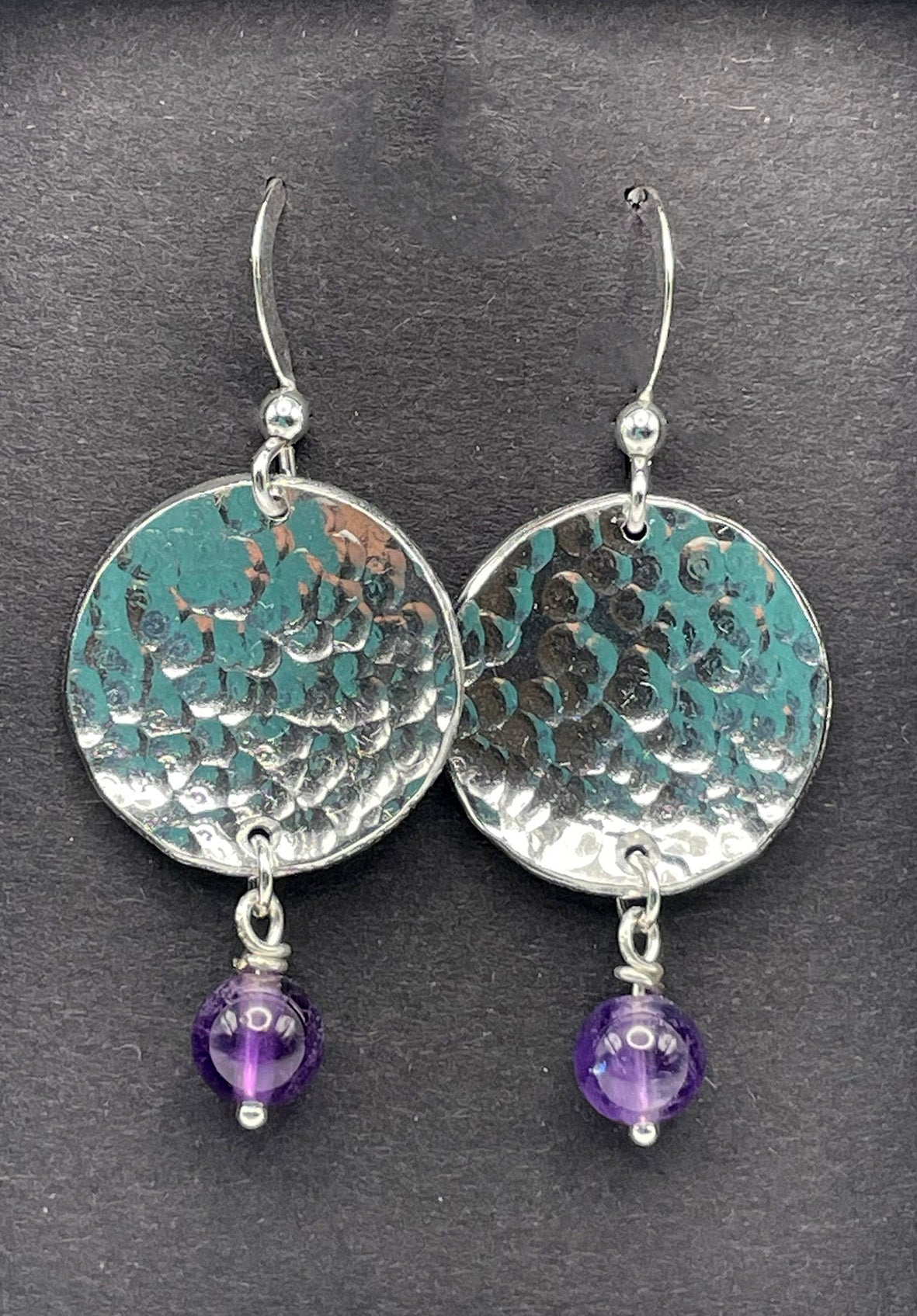 Hammered Disc Earrings with Purple Beads