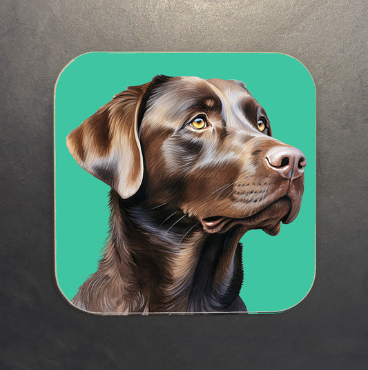 Chocolate Labrador Dog Coaster with green background