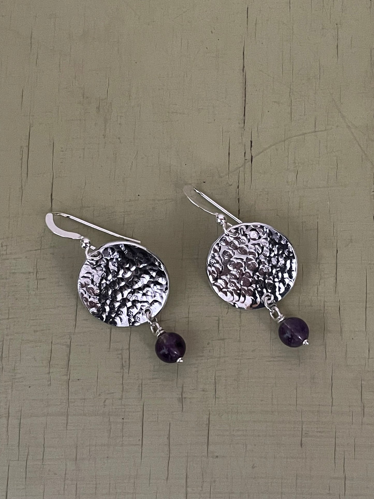 Hammered Disc Earrings with Purple Beads