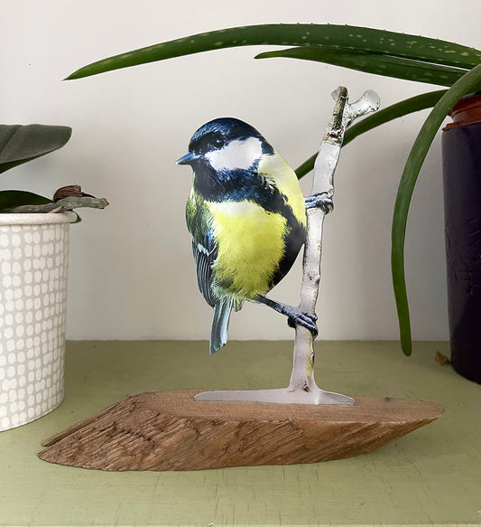 Great Tit Sculpture on Driftwood