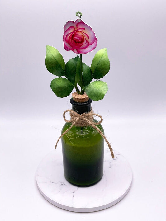 Rose - Flowers in a jar - Metal Flowers - Mini rose - Pink Rose - Miniature flowers - flower gift - Vintage bottle - Medicine bottle