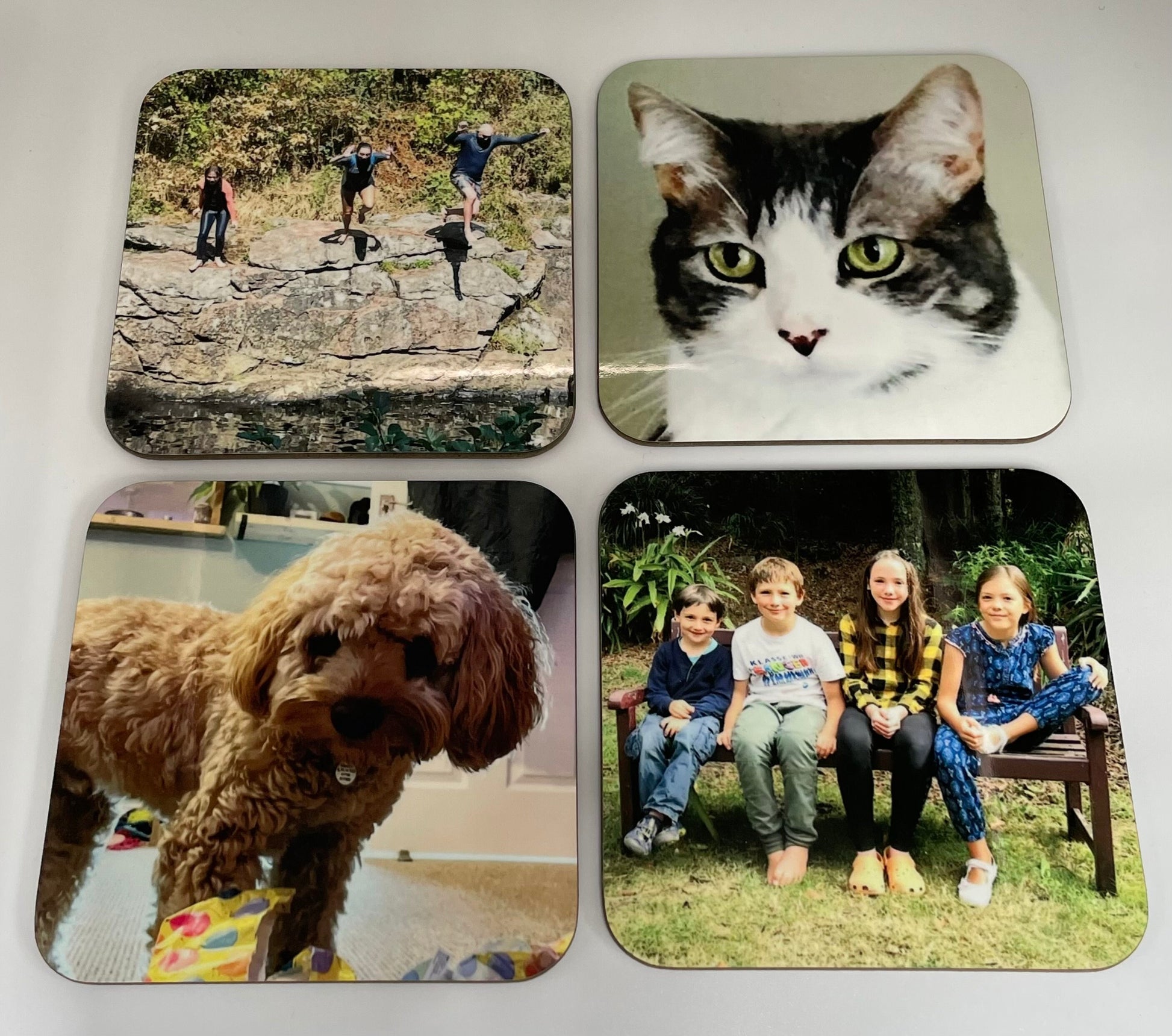 Custom coasters showing 4 different photo designs of a cat, a dog, a family photo and an adventure photo of 3 people jumping in to a river