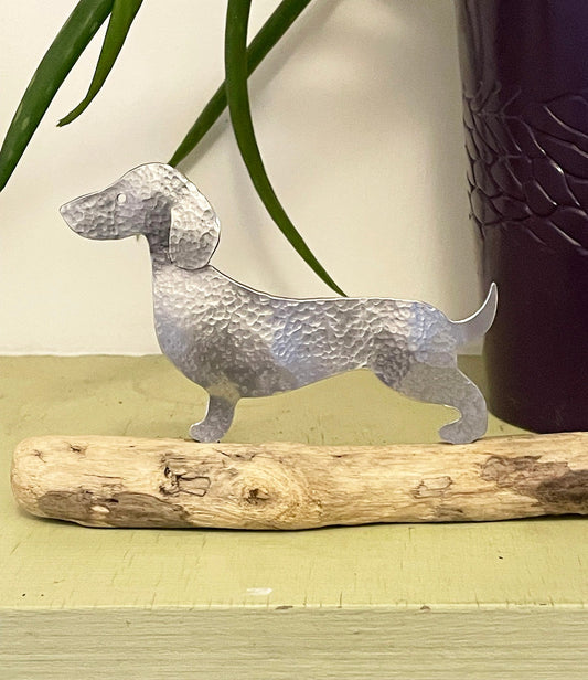 Dachshund on Wood - Sausage Dog Sculpture - Metal Dachshund - Dog Ornament - Hammered Metal Sausage Dog