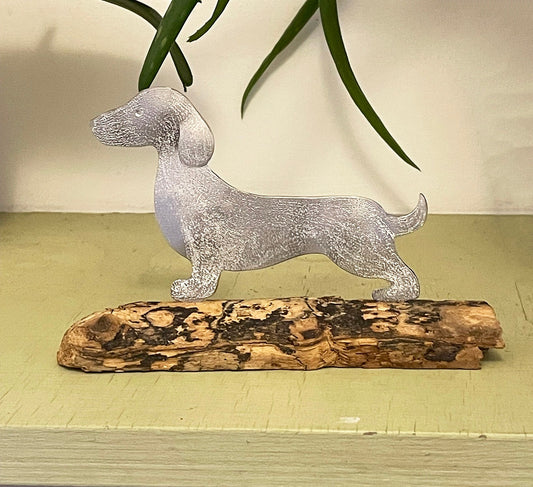 Metal Dachshund - Sausage Dog Sculpture - Dachshund on Wood - Dog Ornament - Textured Metal Sausage Dog - Dog gift